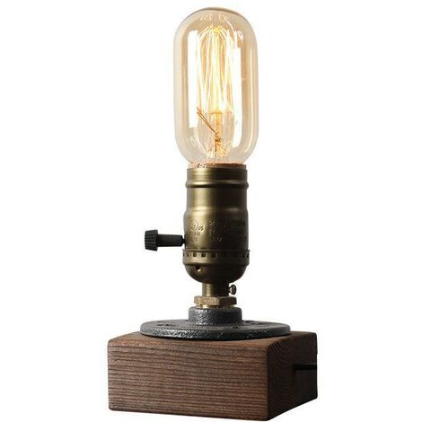 Lámpara de escritorio industrial Steampunk Lámpara de mesa de estilo vintage Lámparas antiguas de hierro E27 Edison con base de madera minimalista para mesita de noche Café Bar Pub, etc. (Sin bombilla