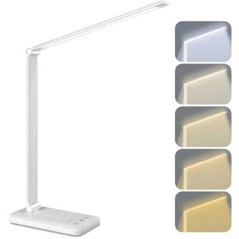 Lámpara de escritorio, lámpara de escritorio LED recargable, 5 temperaturas de color y 5 niveles de brillo ajustables, lámpara de lectura de 5 W, blanca