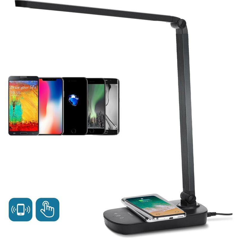 

Aigostar - Lampara de mesa Negra 5W touch&dimming con cargador USB y carga movil sin cable