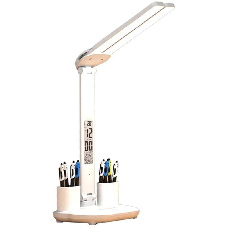 Lámpara de escritorio LED con 2 portalápices, muestra hora, fecha y temperatura, regulable, control táctil, plegable, protección ocular, perfecta