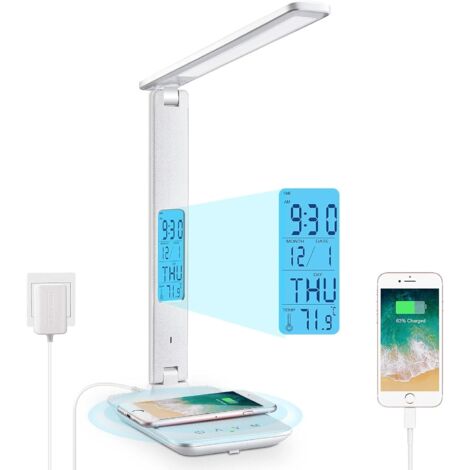 Lámpara de escritorio LED con carga inalámbrica de 10 W y puerto de carga USB, 3 temperaturas de color, 3 niveles de brillo, control táctil, hora, temperatura, función de reloj para oficina y hogar