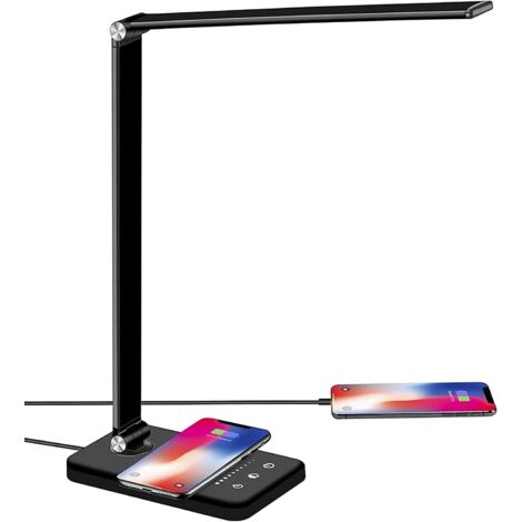 Lámpara de escritorio LED con cargador inalámbrico, intensidad regulable y carga USB.