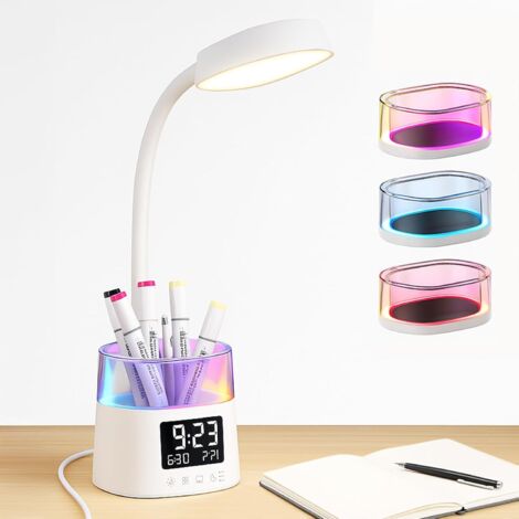 Lámpara de escritorio LED con portalápices,Lámparas de mesita de noche sensibles al tacto con3modos de color,Luz de lectura de mesita de noche con reloj,Lámparas de escritorio con atenuación continua