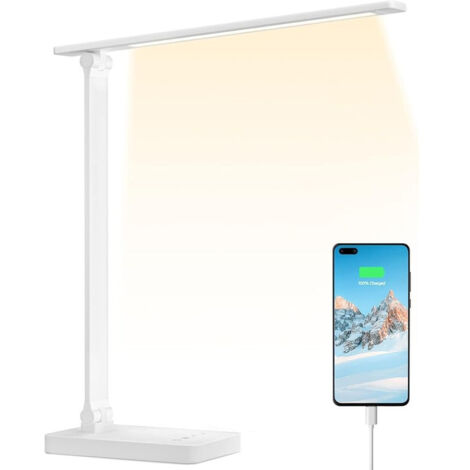 Lámpara de escritorio LED de 10 W con puerto USB independiente, regulable, 44 LED, 655 lm, soporte ajustable (cable USB de 1,5 m incluido), control táctil, antirreflejos, ideal para leer y trabajar [C