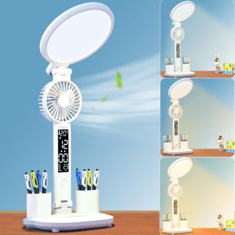 Lámpara de escritorio LED para niños con ventilador, brillo ajustable, reloj, portalápices, calendario y 3 configuraciones de temperatura de color.