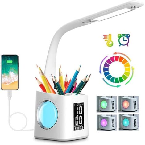 Lámpara de escritorio LED para niños, lámpara de mesa regulable con reloj, lámpara de mesa de noche con luz de noche RGB 256/portalápices/puerto USB/3 niveles de brillo/despertador/mujer. [Clase energ