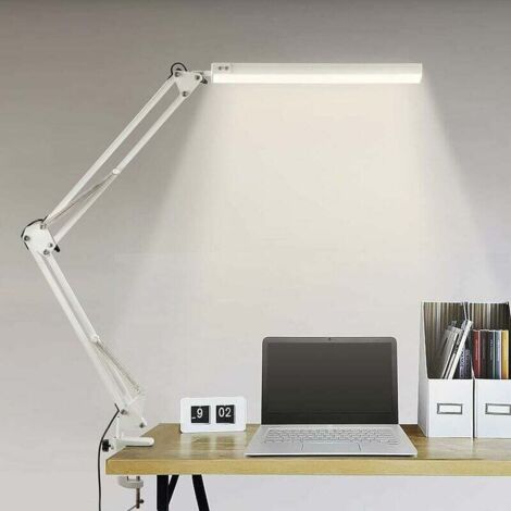 Lámpara de escritorio LED plegable de 12 W - Abrazadera y brazo ajustable - 10 niveles de brillo - 3 modos de color - Protección ocular - Adaptador incluido