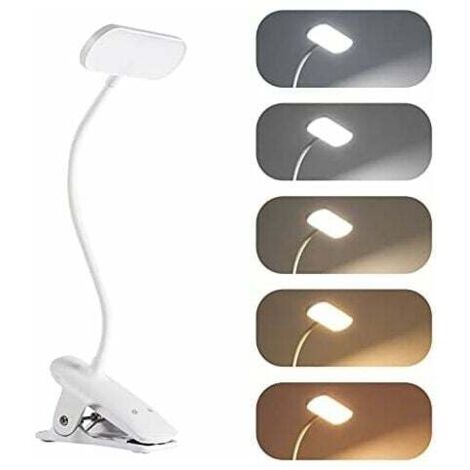 Lámpara de escritorio LED recargable con clip inalámbrico con 36 LED, luz de lectura, 5 temperaturas de color y 5 niveles de brillo, flexible, ajustable 360° para cama, mesita de noche, lectura, estud