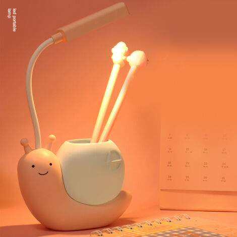 Lámpara de escritorio LED recargable con forma de caracol, luz suave que protege los ojos, color rosa.
