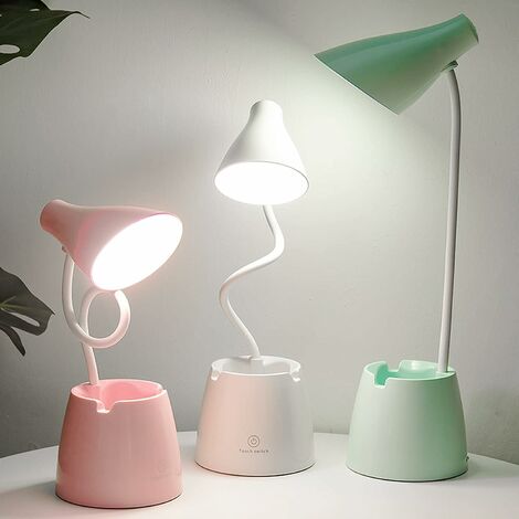 Lámpara de escritorio LED para niñas, lámpara de mesa agradable a la vista  con portalápices, puerto recargable USB, 2 temperaturas de color para