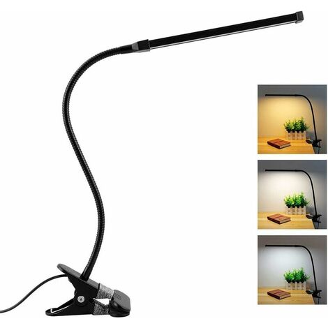 Lámpara de escritorio negra USB de 8 W con abrazadera, lámpara de lectura con clip, 3 colores y 10 intensidades, lámpara de cuello de cisne LED flexible, lámpara de manicura de mesa de trabajo con cli