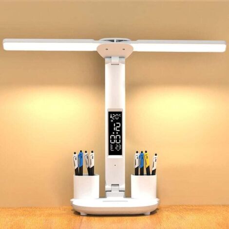 Lámpara de escritorio para estudio y cuidado de los ojos, inalámbrica, regulable, a pilas, con reloj, portalápices, pantalla LCD, calendario y temperatura, 3 colores, luz de 3200 K.