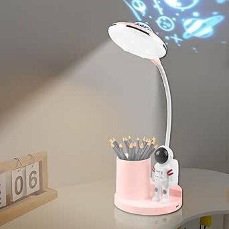 Lámpara de escritorio para niños, lámpara de lectura portátil con forma de astronauta LED con proyección de estrellas y portalápices, lámpara de mesa de cuello de cisne regulable y recargable para dor