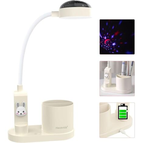 Lámpara de escritorio para niños y niñas, lámpara de noche con portalápices, lámpara de mesa LED con cambio de color automático, lámpara de lectura LED recargable y regulable para niños (blanca)