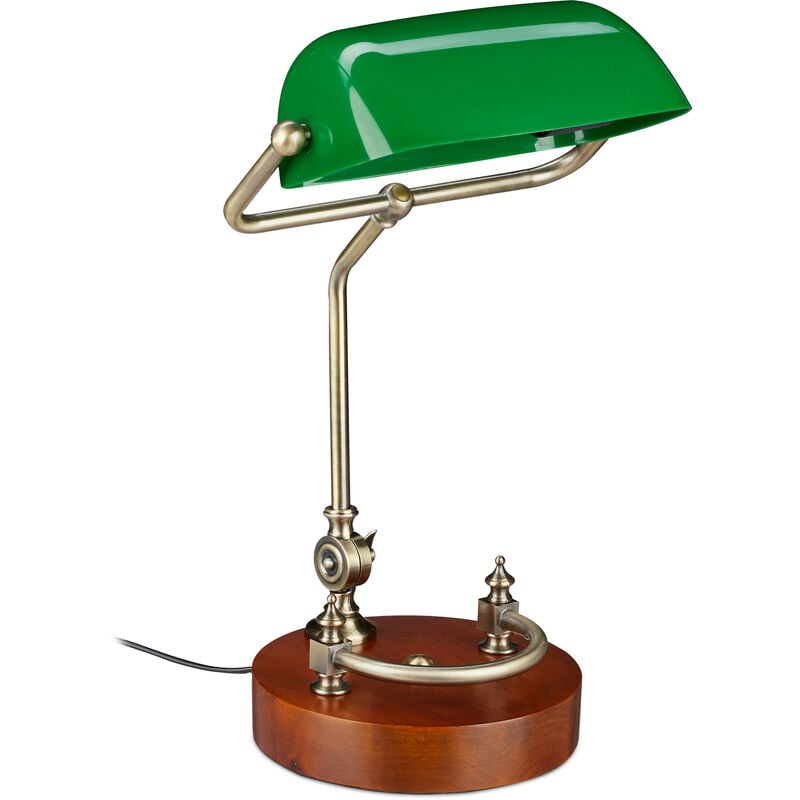 

Relaxdays - Lámpara de escritorio, Retro, Pie de madera, Pantalla reclinable, E27, Vintage, 1 Ud., Verde