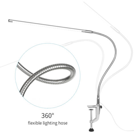 Lámpara de escritorio USB con clip, iluminación LED blanca, control táctil regulable, ángulo flexible, para mesita de noche, escritorio o banco de trabajo.