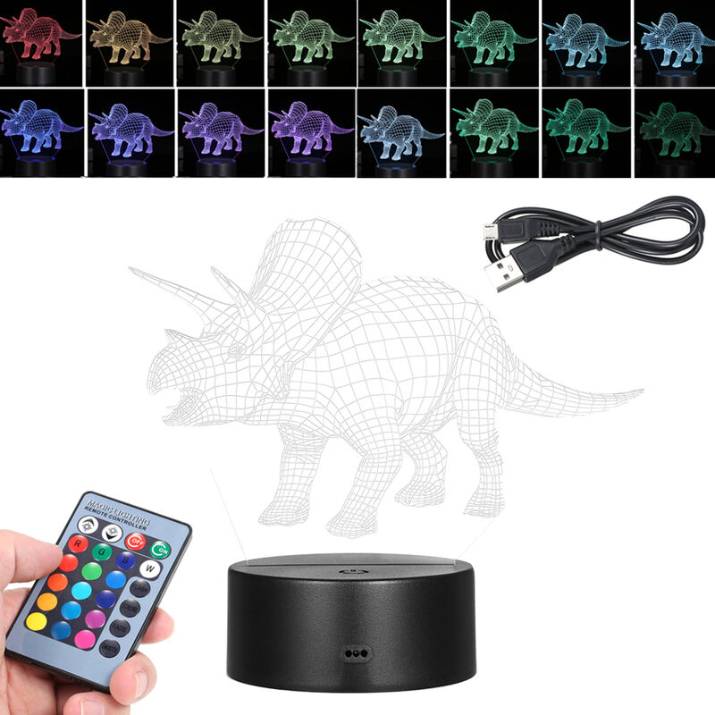 

Lampara de ilusion de luz nocturna LED 3D Patron de dinosaurio Luces que cambian de color Lampara de escritorio de mesita de noche con control tactil