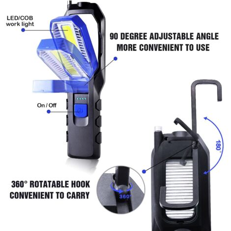 Lámpara de inspección LED recargable - Luz de trabajo COB, linterna con base magnética y gancho para colgar, ideal para talleres automotrices, campamentos y emergencias.