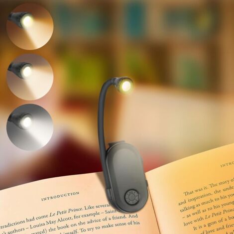 Lámpara de lectura con clip, lámpara de lectura LED, lámpara con clip de 360°, brillo ajustable, 3 colores, portátil para trabajar en movimiento