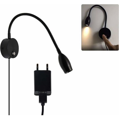 Lámpara de lectura de 40CM, luz de cuello de cisne, 3W, 3000K Lámpara de pared de lectura blanca cálida para oficina, dormitorio, sala de estar, negro