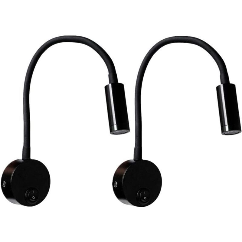 Xisrens Schwarz Lámpara De Lectura De Pared Negra De 2 Piezas De 3 W, Lámpara De Escritorio De Aluminio Con Cuello Flexible Y Ajustable, Lámpara De Noche Con Interruptor Led, Protección Para Los Ojos (Blanco Cálido)