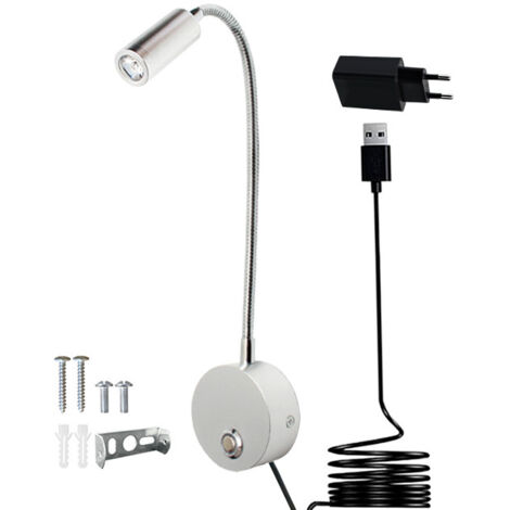 Lámpara de lectura de pared táctil regulable, luz de lectura LED para mesita de noche con puerto USB e interruptor, lámpara flexible con cuello de cisne y enchufe, lámpara de pared de 3 W para leer en