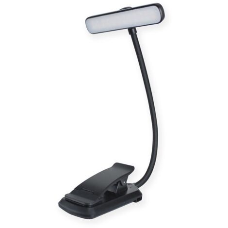 Lámpara de lectura - Doble fila de LED - Recargable - 24 LED - 8,8 × 8,3 × 32,5 cm - Brazo flexible giratorio 360° - Luz tricolor - Se fija a libros, tabletas o cama - Puerto USB-C - Color negro