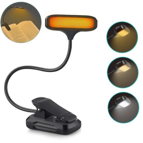 Lámpara de lectura LED recargable con 3 modos de iluminación y un sistema de fijación sencillo para una lectura cómoda.