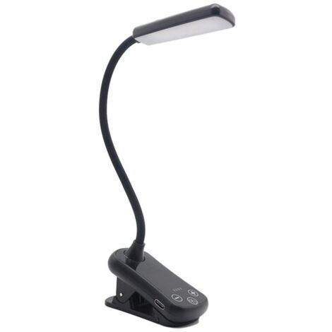 Lámpara de lectura LED recargable por USB, 3 colores, 8 niveles de brillo, con clip de escritorio portátil.