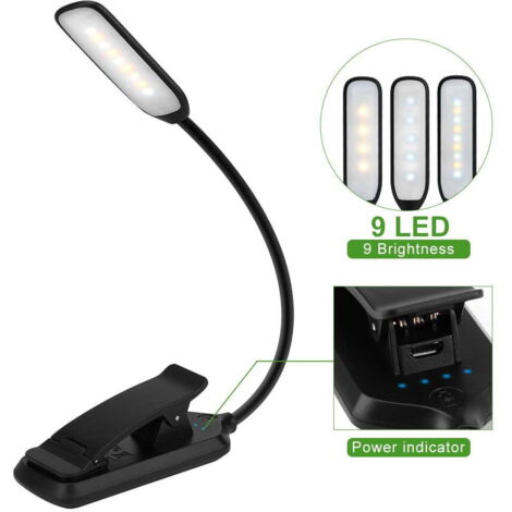 Lámpara de lectura recargable con 9 LED, 5 modos de iluminación, control táctil y hasta 60 horas de autonomía. Disponible en negro.