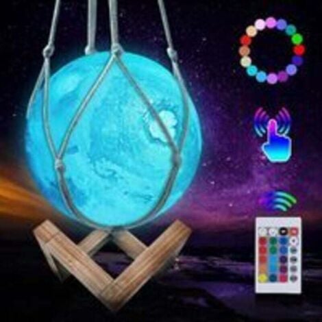 AIPERQ Lámpara de Luna 3D, Lámpara de Luna LED de 16 Colores, Lámpara del Planeta Marte, Luz Nocturna Regulable con Soporte de Madera y Red para Colgar, Control Remoto y Táctil, Recargable 15 cm
