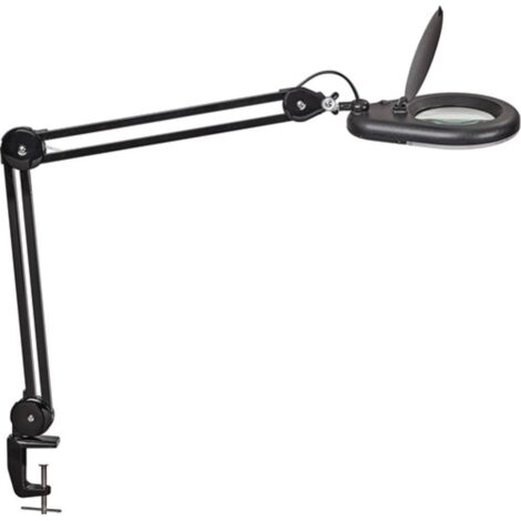 Lámpara de lupa LED lente de vidrio 127 mm abrazadera de mesa de 5 pulgadas cubierta negra, cabeza redonda