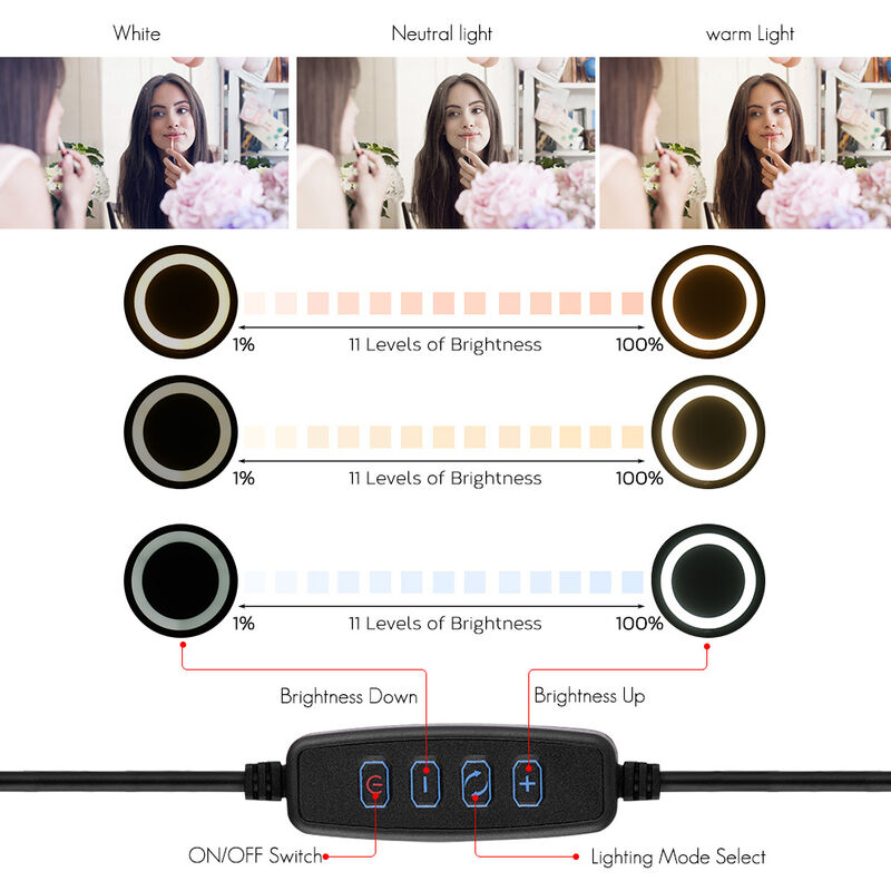 

Lampara de luz de anillo de video LED de escritorio de 10 pulgadas 3 modos de iluminacion Regulable USB alimentado con soporte para telefono