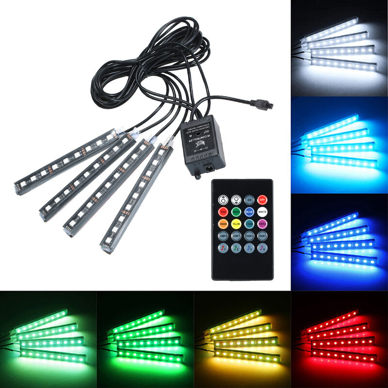 

Happyshopping - Lampara de luz de neon colorida de atmosfera de decoracion de suelo interior de coche RGB 4 en 1 36 LED con control remoto inalambrico