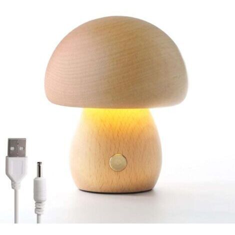 Lámpara de madera con forma de hongo, lámpara de mesita de noche portátil recargable y regulable con USB, luz nocturna inalámbrica, lámpara de mesa con forma de hongo para decoración del hogar, lámpar
