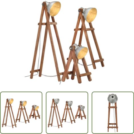 Lámpara de madera -  Lámpara de pie 3 pzas madera maciza de mango plateada E27