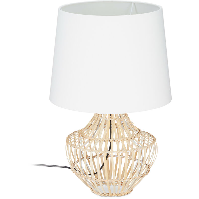 

Lámpara de mesa, Bambú, Pantalla redonda, Pie de madera, E27, Moderna, Mesilla de noche, Blanco/Marrón, 50 x 30 cm