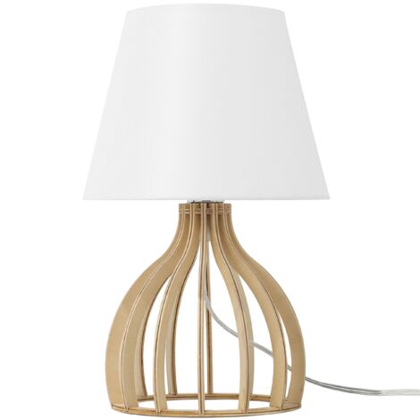 Lámpara de mesa base de madera pantalla de tela blanca moderna Agueda