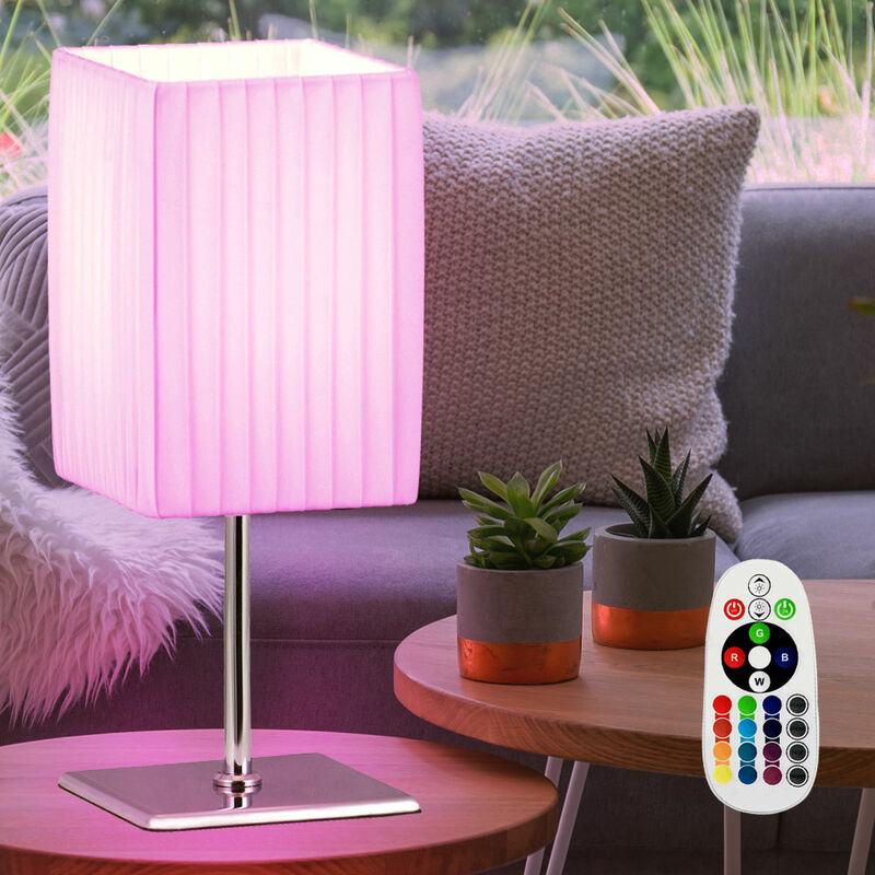 

Lámpara de mesa blanca, regulable, luz de lectura textil a control remoto, cromada en un juego que incluye bombillas LED RGB