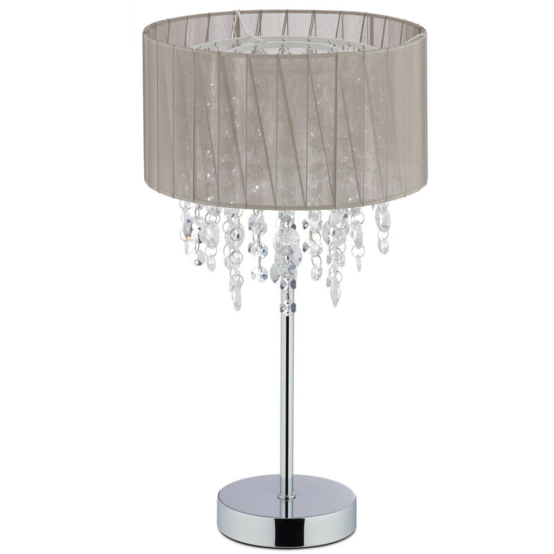

Relaxdays - Lámpara de mesa con cristales colgantes, Pantalla de organza, Base redonda, 43 x 24 cm, Gris & Plateado