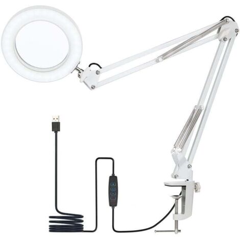 Lámpara de mesa con pinza, lámpara de escritorio, con lupa 8x, brazo giratorio, LED regulable, 3 modos de color, 10 niveles de brillo
