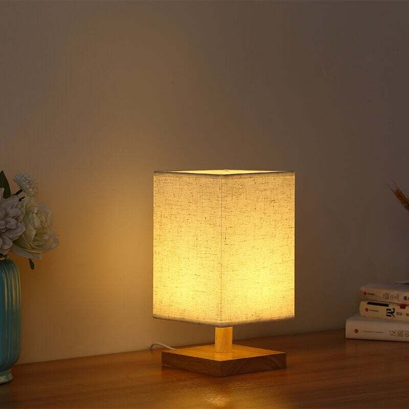 Lámpara de mesa cuadrada con cubierta de tela, lámpara de noche para dormitorio minimalista y moderna de estilo nórdico, lámpara de mesa de madera