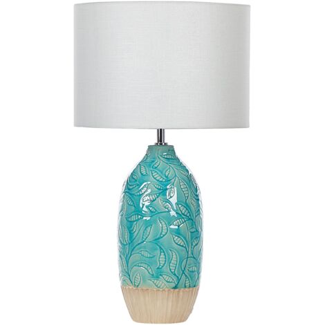 Lámpara de mesa de base de cerámica azul turquesa pantalla de tela blanco boho rústico Ataba