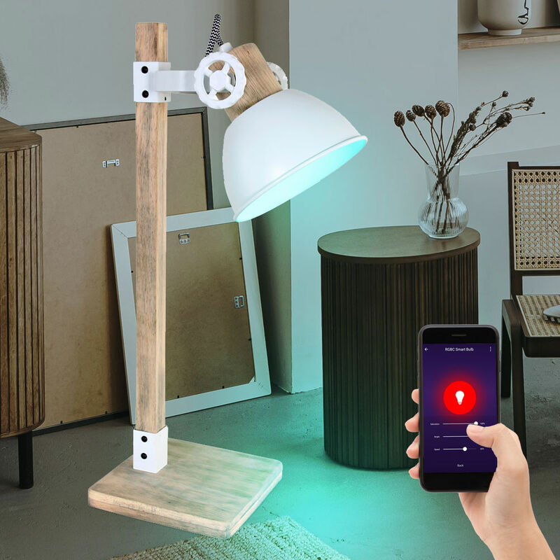 

Lámpara de mesa de escritura vintage inteligente Alexa Google lámpara de madera blanca ajustable regulable en un juego que incluye bombillas LED RGB