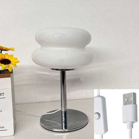 Lámpara de mesa de noche de cristal con luz cálida, lámpara de mesa tipo hamburguesa, lámpara LED pequeña, lámpara de escritorio, para dormitorio, sala de estar (Blanco)