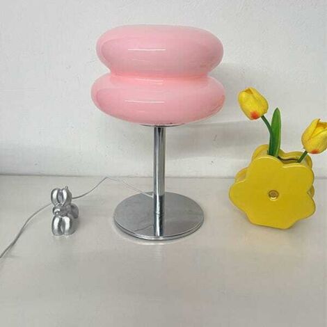 Lámpara de mesa de noche de cristal con luz cálida, lámpara de mesa tipo hamburguesa, lámpara LED pequeña, lámpara de escritorio, para dormitorio, sala de estar (rosa)