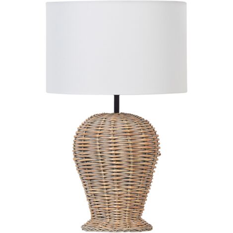 Lámpara de mesa de ratán con pantalla de tela blanca estilo boho natural color claro Furelos