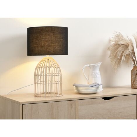 Lámpara de mesa de ratán y pantalla de tela - D.30 x Alt. 50 cm - Natural y negro - MARFA - Venta-unica - Negro, Blanco