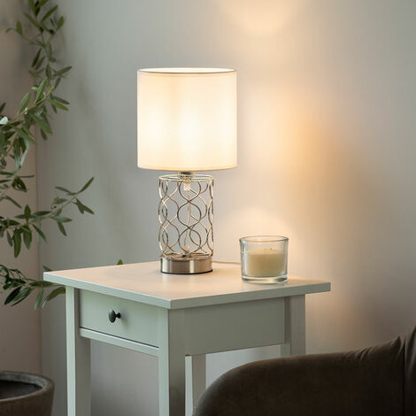 Lámpara de mesa dormitorio lámpara de noche blanca lámpara de mesa moderna base plateada, pantalla de tela acero, 1x casquillo E14, DxH 18x35 cm