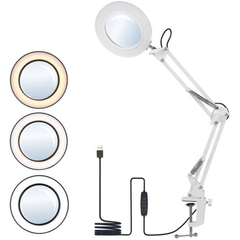 Lámpara de mesa flexible con clip, lupa de 8 aumentos, brazo articulado, LED regulable, 3 modos de color y 10 niveles de brillo.